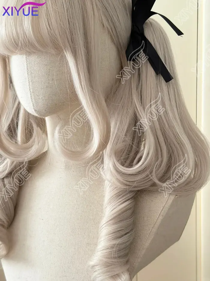 XIYUE oreilles de lapin synthétique princesse coupe Double queue de cheval Lolita perruque avec frange fille blanc gris