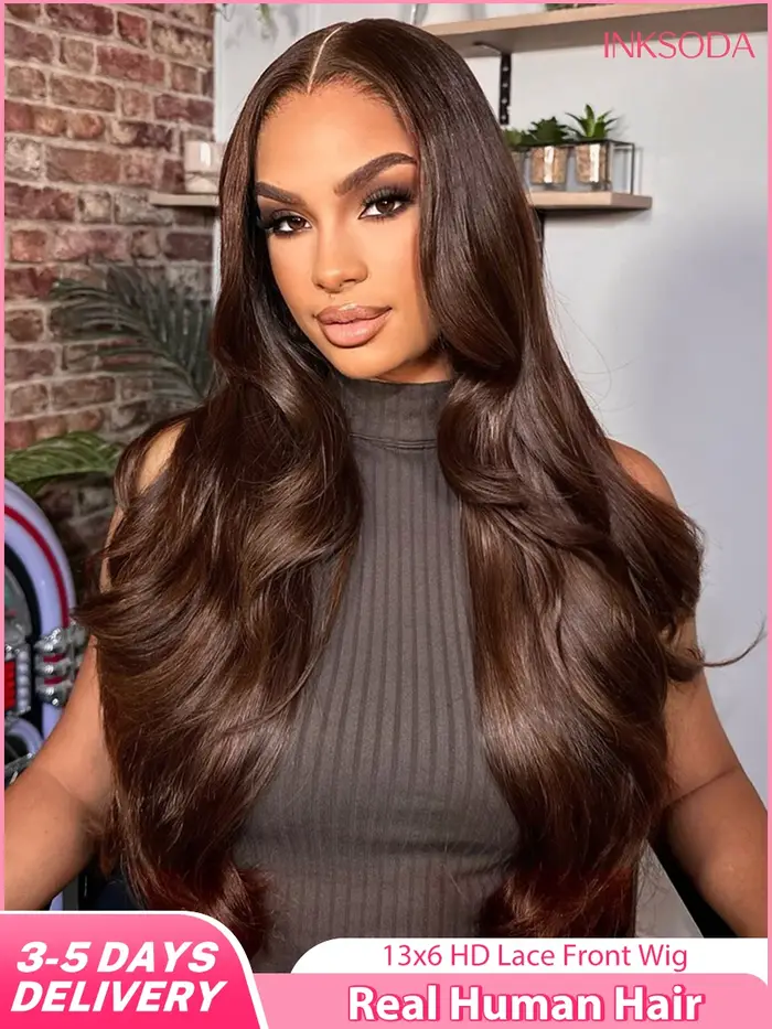 Perruque Lace Frontal Wig Body Wave brésilienne naturelle, cheveux vierges, brun chocolat, 13x4, 13x