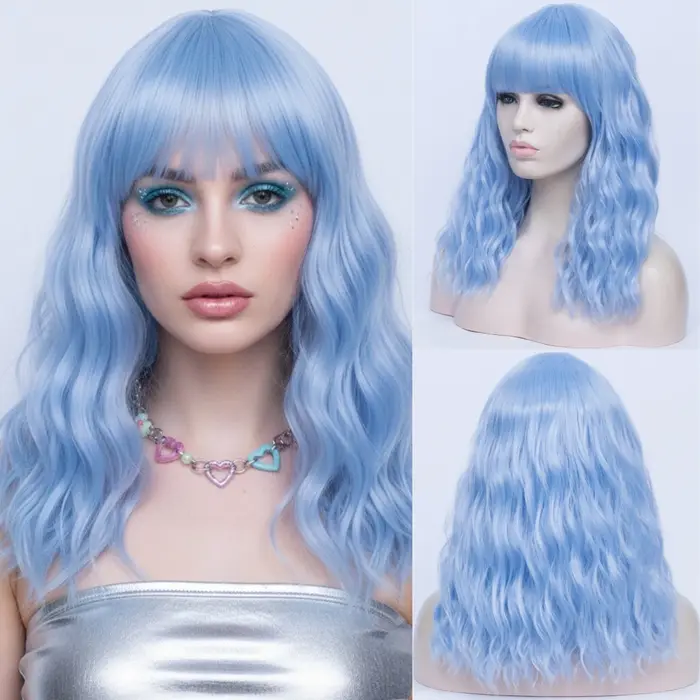 Perruque synthétique bleue longue et bouclée pour femmes