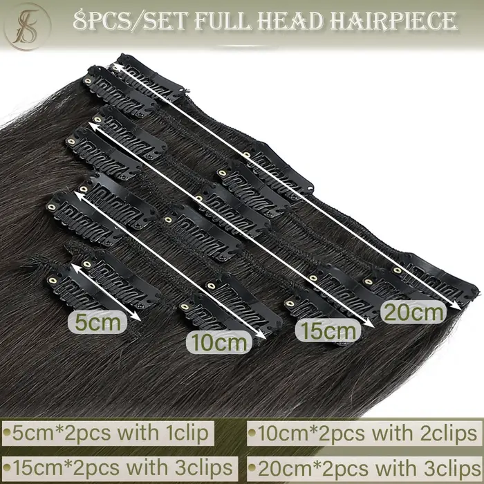 TESS-Extensions de Cheveux Naturels Lisses à réinitialisation, Postiche, Tête Complète, Surbrillance Fine, 50-80g, 8 Pièces/Ensemble