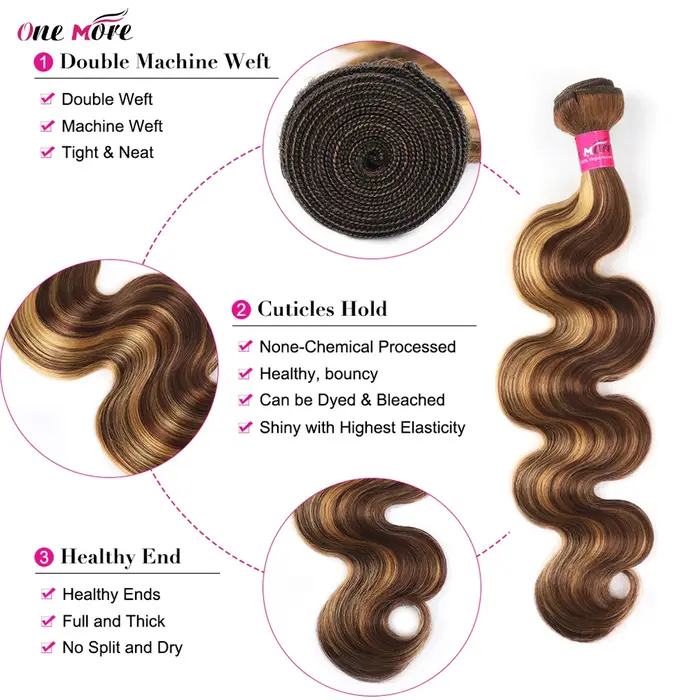 Lot de 5x5 mèches de cheveux humains blond miel ondulées avec closure, couleur ombrée et mèches cont