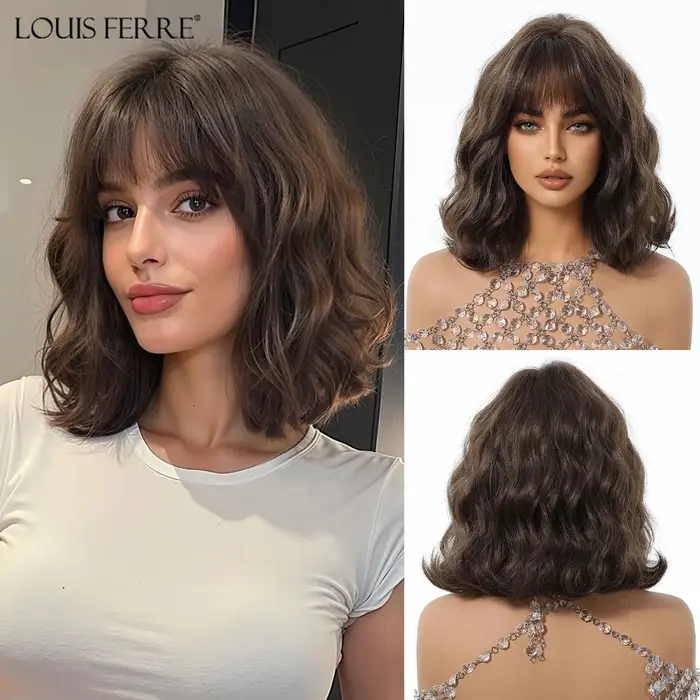 Perruques synthétiques à reflets blonds bruns, faux cheveux ondulés de longueur moyenne pour femmes,