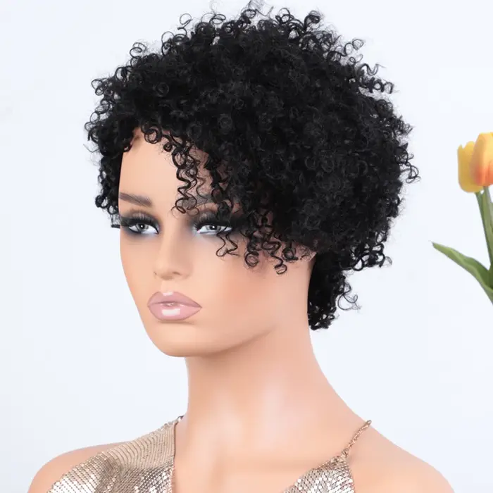 Perruques de cheveux humains bouclés péruviens avec frange courte coupe lutin Bob perruque brun roug