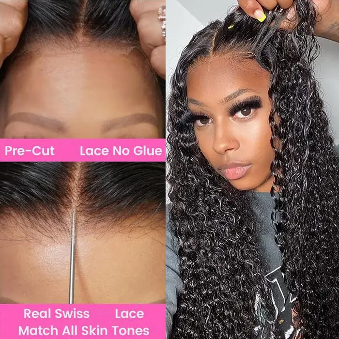7x6 vague profonde cheveux humains pré plumé bouclés couleur noire naturelle perruques sans colle pe