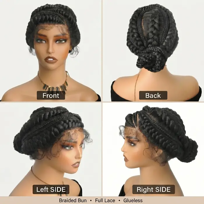 Perruque tressée sans colle avec chignon cornrow