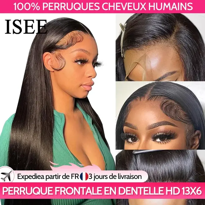 ISEE-Perruque Full Lace Front Wig naturelle lisse, cheveux humains, 13x6, pre-plucked, transparente,