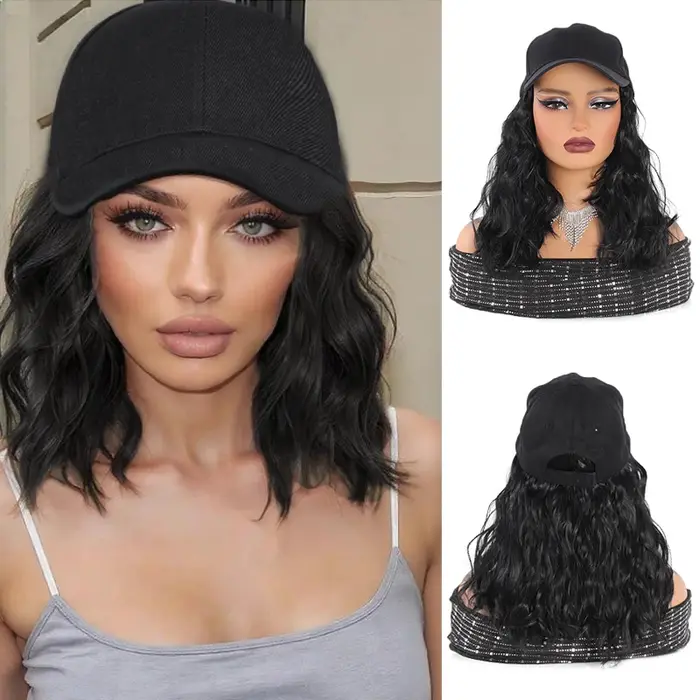 Perruque synthétique naturelle ondulée bouclée de 8 pouces, respirante, avec bonnet