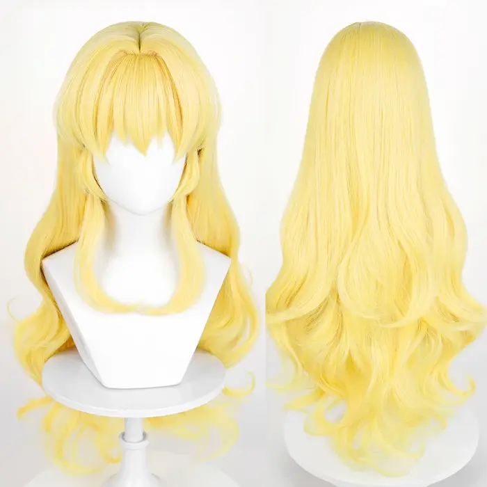 Perruques synthétiques de Cosplay de jeu d'anime jaune avec frange