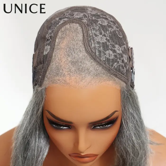 UNICE cheveux couches éclat sel et poivre sans colle perruque de cheveux humains pré-coupé 6.5x1.5 d