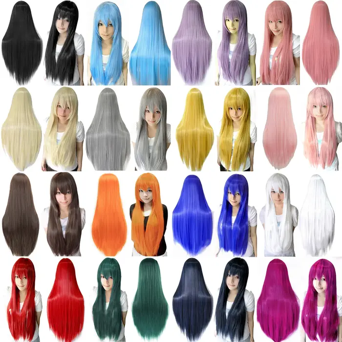 Perruque de Cosplay synthétique lisse de 80cm, postiche Lolita blanche violette verte argent rose av