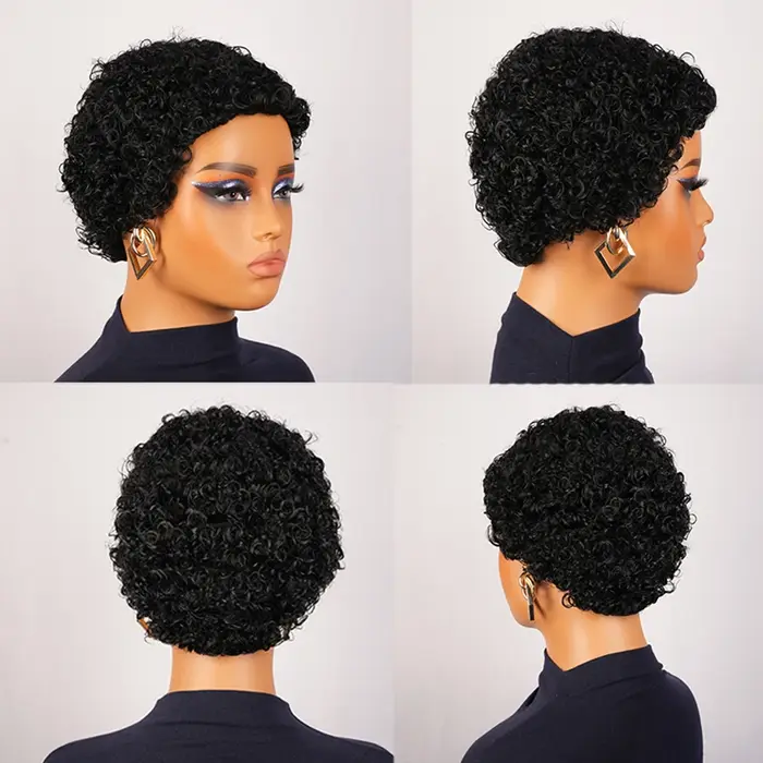 Perruque de cheveux humains courte coupe lutin sans colle
