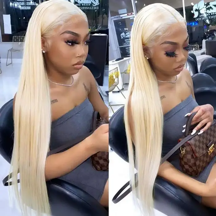Sophia-Perruque Lace Front Wig Naturelle Cheveux Lisses, Blond, 13x6 HD, 30 Pouces, 613 de Densité