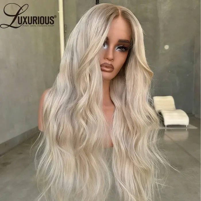 Perruque de salon en cheveux humains blond cendré à ondulations naturelles, densité 250%, Remy, pré-