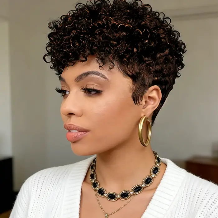 Perruque Courte Bouclée Pixie en Cheveux Humains pour Femme