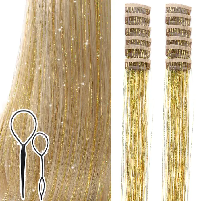 Kit de 12 mèches de cheveux scintillantes à clipser pour filles, extensions de cheveux synthétiques