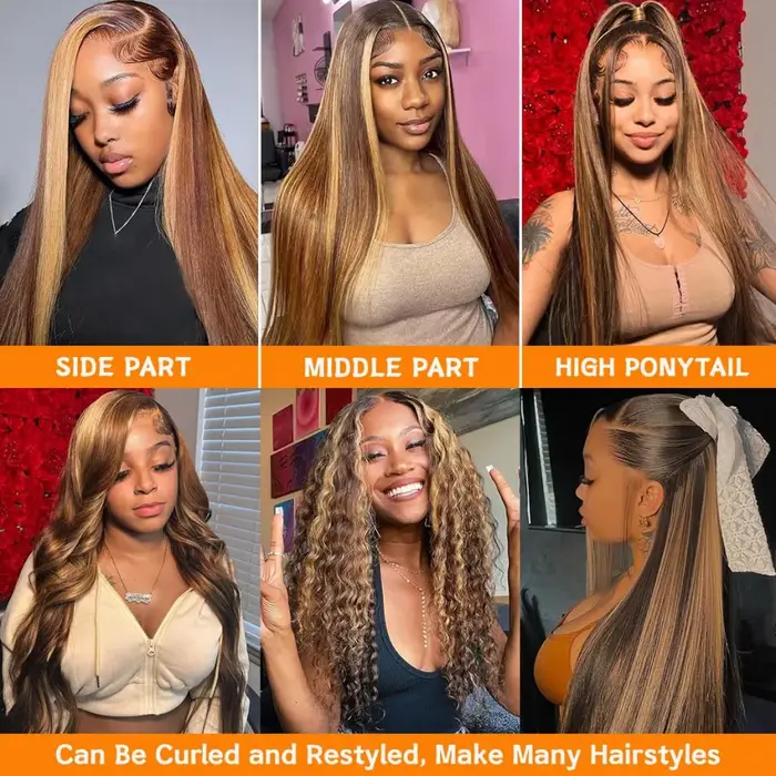 Perruque à mèches de cheveux humains 13X6 avec dentelle frontale HD, perruque droite en cheveux huma