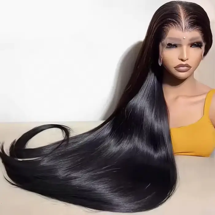 Perruques de cheveux humains lisses avec dentelle HD 13x6, densité 250%, 40 pouces, couleur naturell