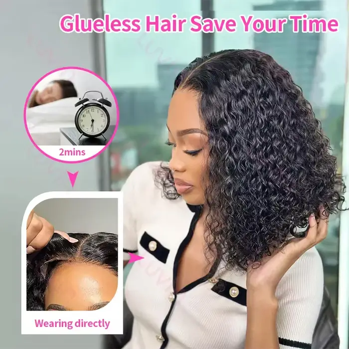 Perruques sans colle 100% cheveux humains prêts à porter crépus bouclés courts Bob