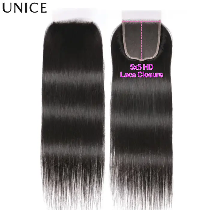 UNice Closure en dentelle HD 5x5, 26 pouces, cheveux humains lisses, Closure en dentelle transparent
