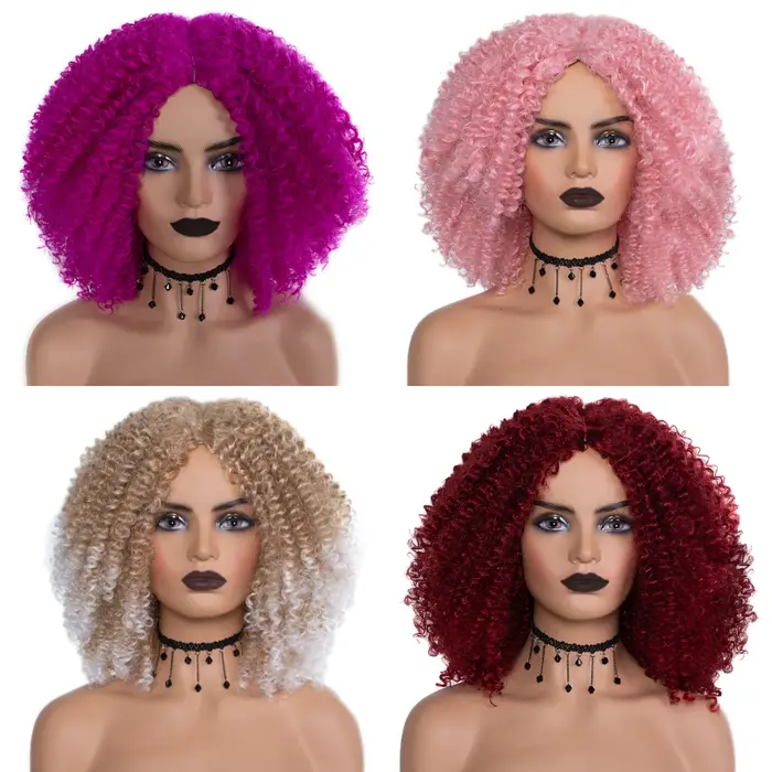 Msiperruque marron synthétique Kinkly bouclés perruques pour femmes Ombre Blonde rose rouge court Afro perruque afro-américaine noir moyen partie cheveux