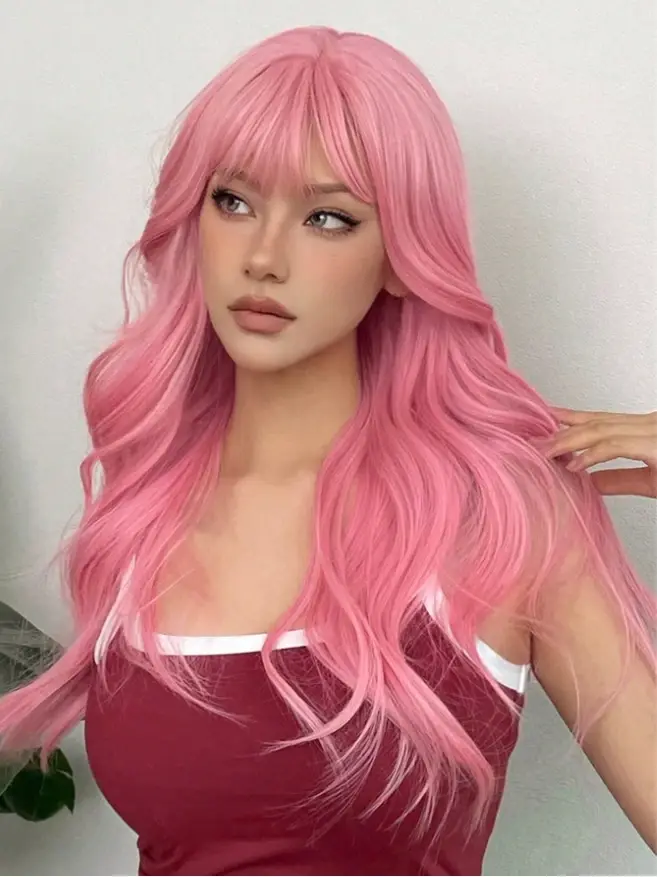 Perruque synthétique bouclée longue rose de 24 pouces