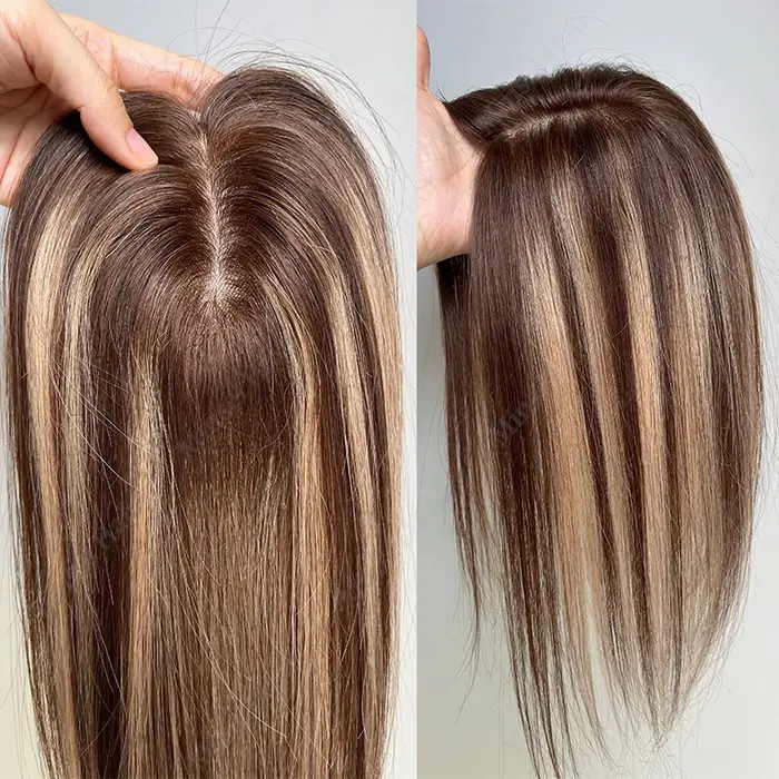 Topper de cheveux humains brun Ombré Balayage 7x11cm, base en PU injecté effet peau, extensions à cl