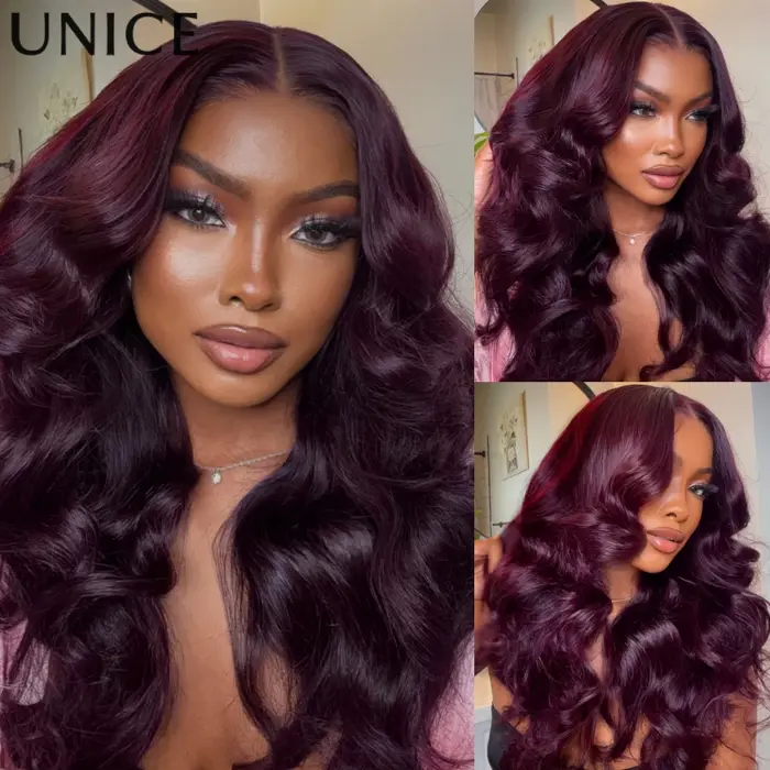 UNICE cheveux noir cerise couches coupe vague lâche perruque 7x5 13x4 pré coupé pré blanchi sans col
