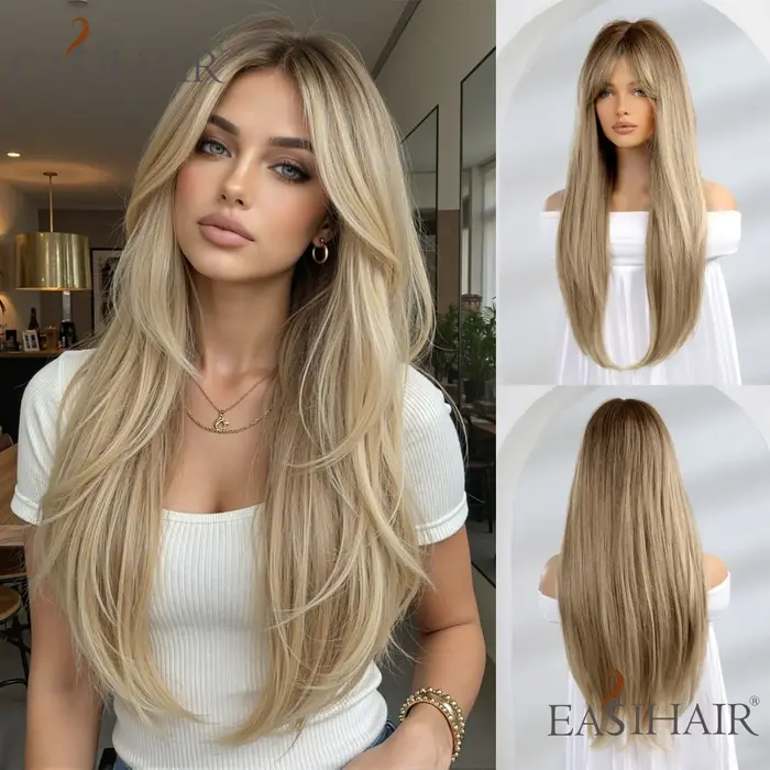 Perruque longue blonde et brune ombrée avec frange