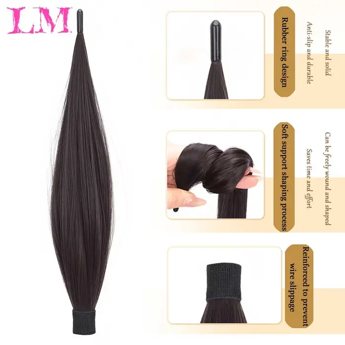 Extensions de cheveux synthétiques longues et lisses à enroulement automatique avec anneau en caoutchouc