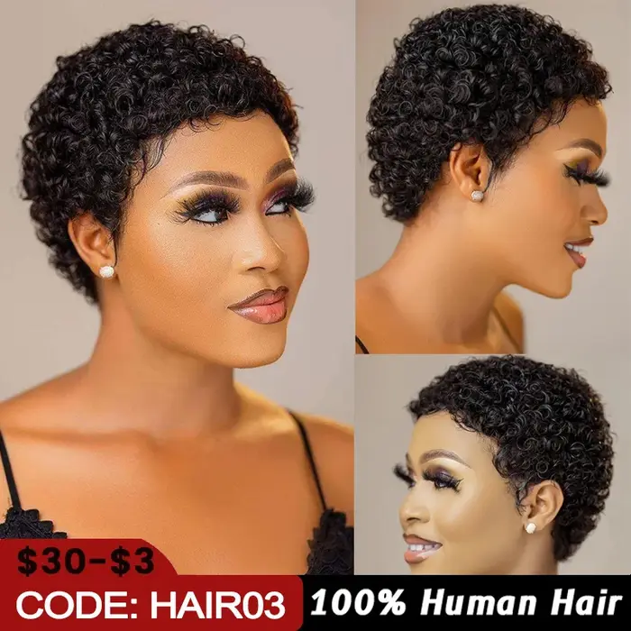 Perruques courtes crépues bouclées cheveux humains coupe lutin
