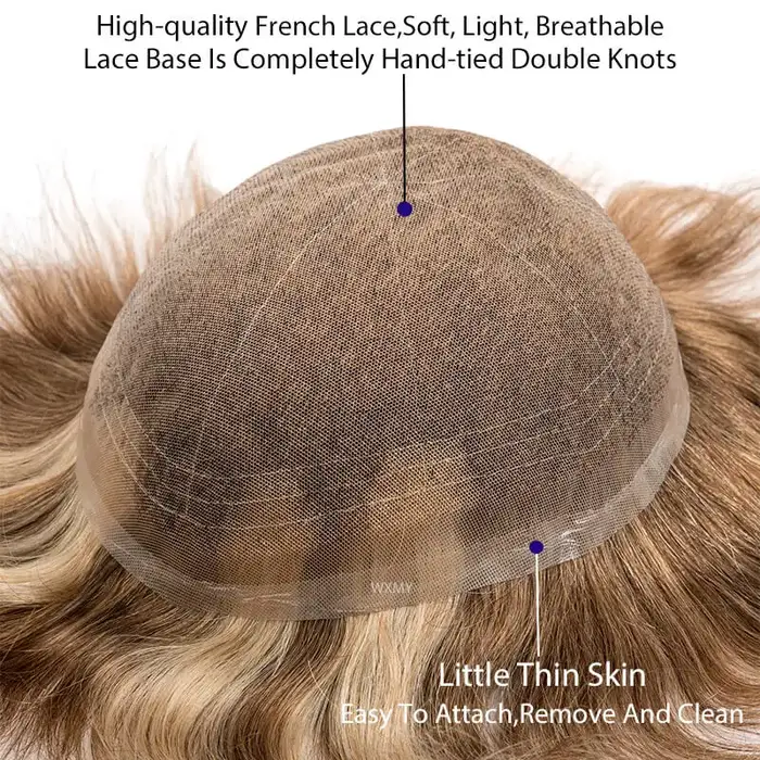 Base de dentelle française complète prothèse de cheveux masculins toupet respirant pour hommes perru