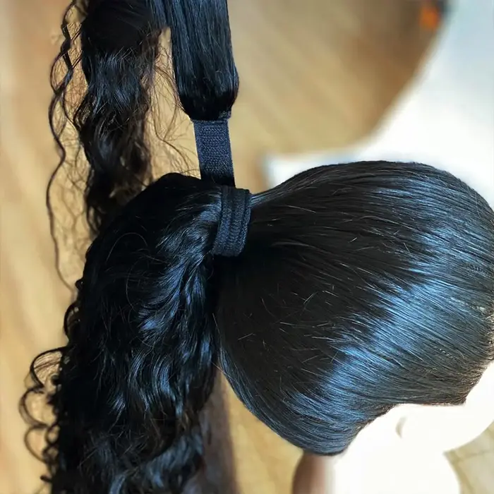 Extensions de queue de cheval de vague d'eau envelopper de cheveux humains autour de la pâte magique de poney