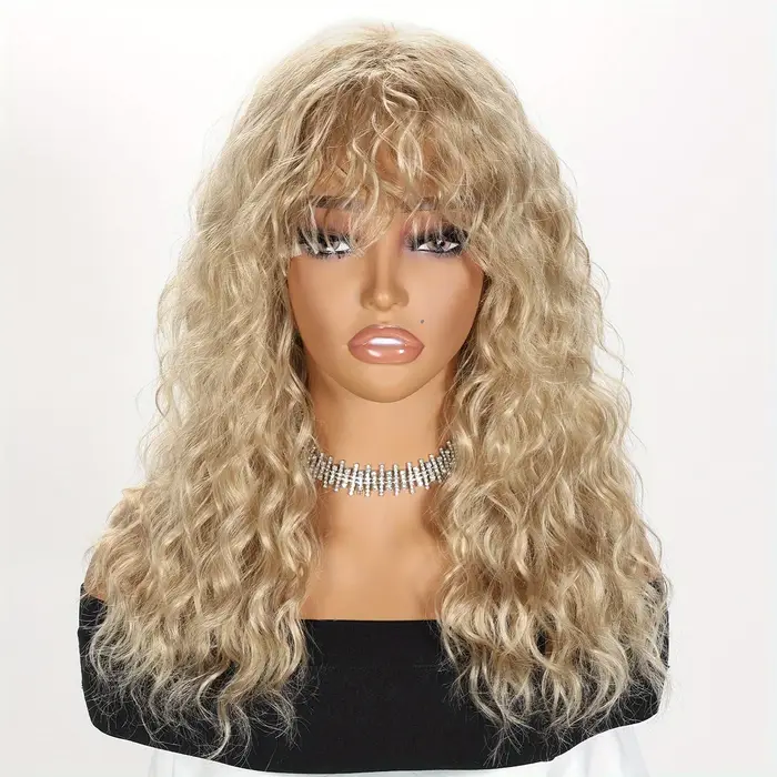 Perruque longue bouclée ondulée dorée pour femme avec frange, perruque complète en fibre synthétique