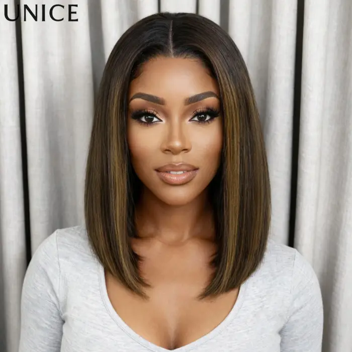 Perruque courte bob UNice Balayage Highlight Yaki Straight, en cheveux humains, avec dentelle 7x5, s