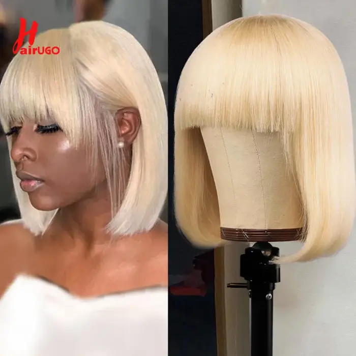 HairUGo-Perruque BOB blonde avec frange pour femme