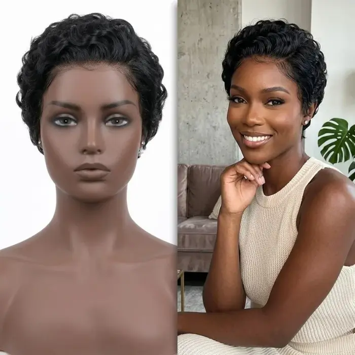 Perruque synthétique noire naturelle coupe pixie