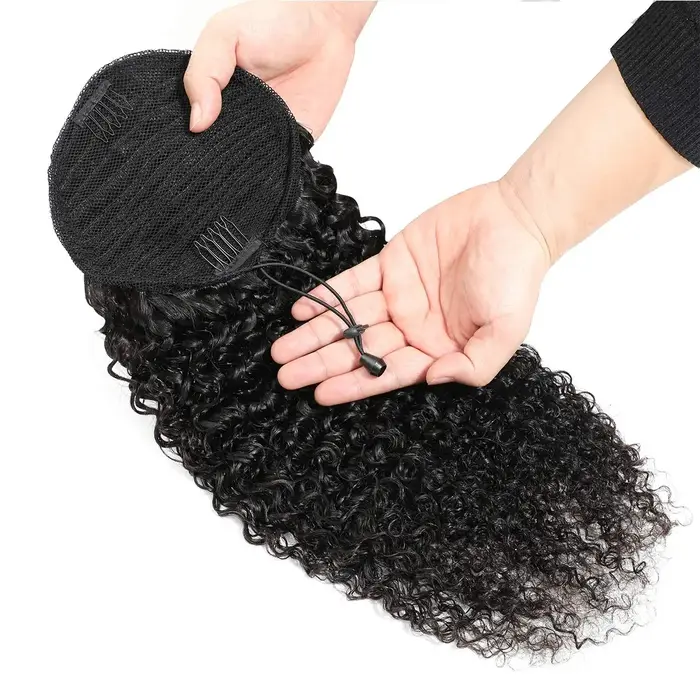 Extensions de cheveux humains bouclés crépus à clipser avec cordon de serrage