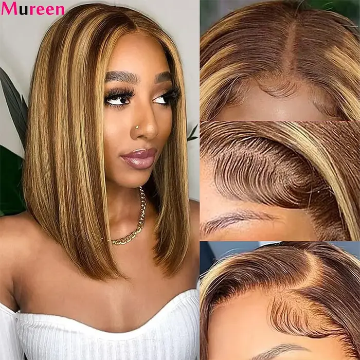 Perruque Bob Mureen 4/27 Highlight en Cheveux Humains Lisses, Perruque Bob Courte Blond Miel 4/27, P