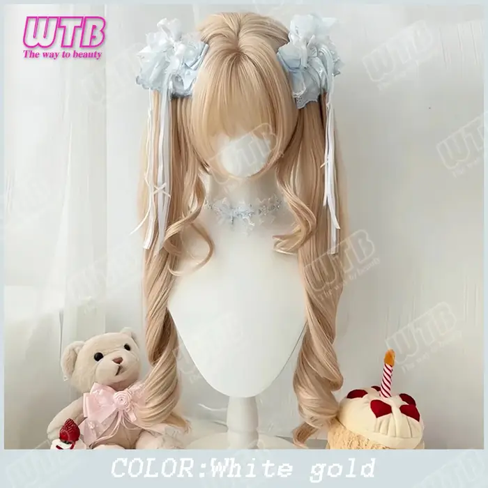 WTB Perruque synthétique Lolita avec deux queues de cheval et frange, queues de cheval détachables, 