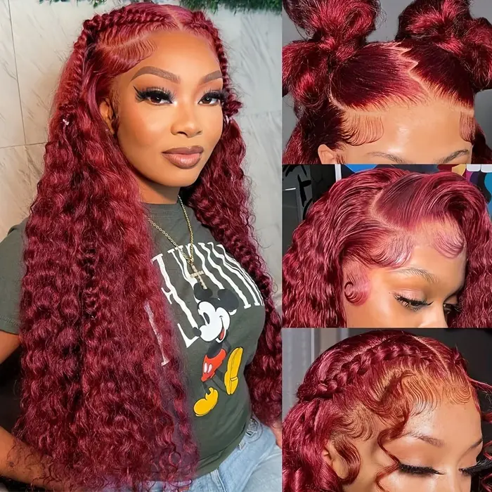 Perruques Deep Wave 99J Bourgogne, Perruque Frontale HD Lace 13x6, Perruques Frontales HD Transparen