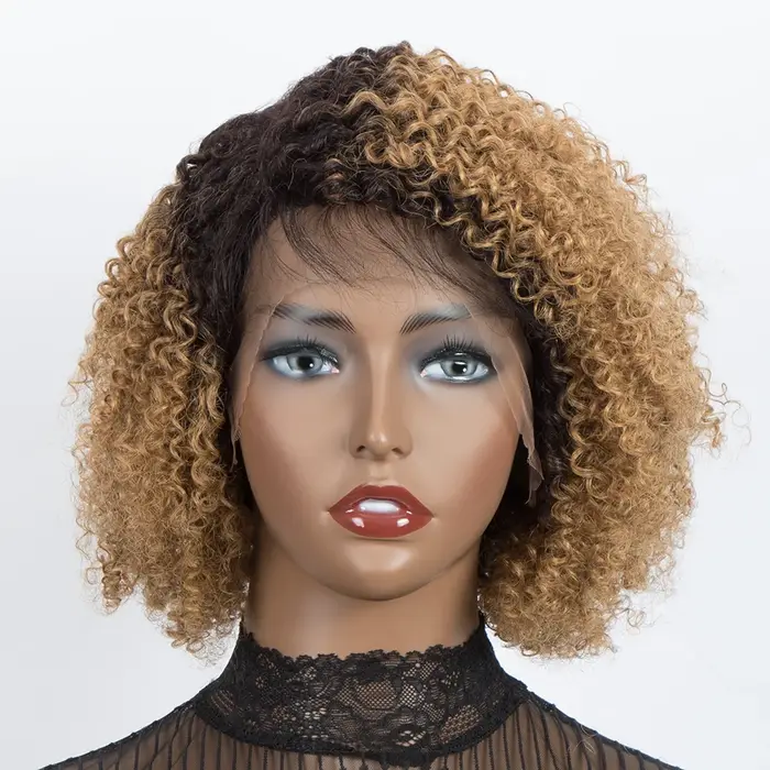 Perruque Bob Cheveux Humains Bouclés Crépus Ombré Brun 13x5x1 T Lace Frontal Densité 180% 10 Pouces Pré-Pluckée Sans Colle Noir Naturel pour Femmes