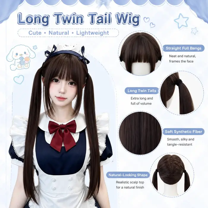 Perruque double queue de cheval longue et droite style High Tie Lolita Shao Luo JK pour filles