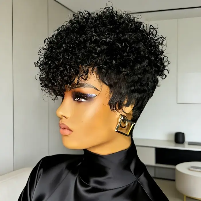 Perruque courte de cheveux humains | Perruque coupe lutin de cheveux humains bouclés avec frange,