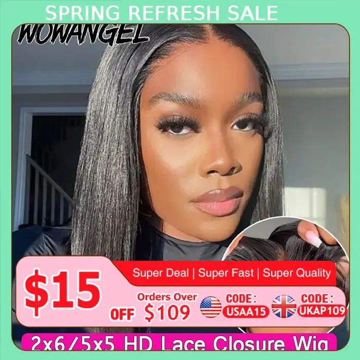 WOWANGEL-Perruque Bob Lace Closure Wig sans colle, cheveux humains lisses, Deep Part, 5x5 HD, 2x6, p