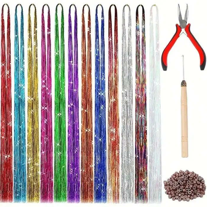 Kit de brins de guirlandes de cheveux brillants, 12 couleurs, 34 "/48", Extensions capillaires synth