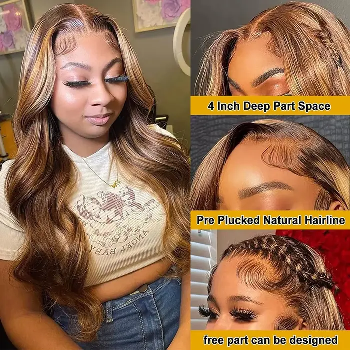 Perruques Lace Front 13x4 Body Wave 1b30 Noir Brun, Perruque Lace Frontale HD 13x6 Cheveux Humains O