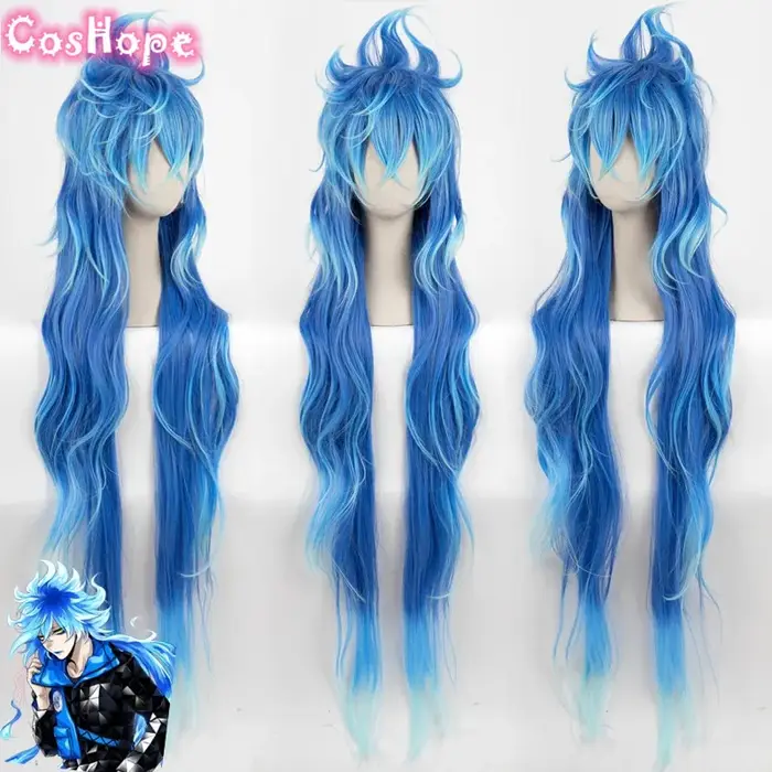 Idia Shroud Cosplay hommes 120 cm longue perruque bleue bouclée Cosplay Anime Cosplay perruques synt