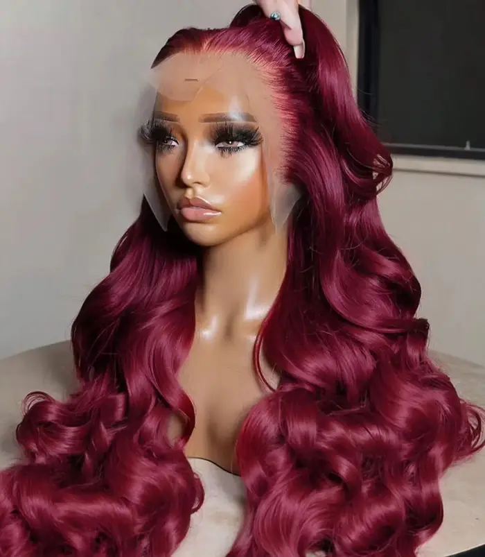 Perruque Lace Front Transparente 13x4 Rouge Bourgogne 99J, Ondulée, 34 Pouces, Densité 250, Pré-Pluc
