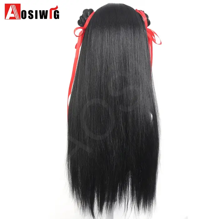Anime films chinois Cosplay perruque noir cheveux longs raides avec tresse ruban rouge Double chignon styleet