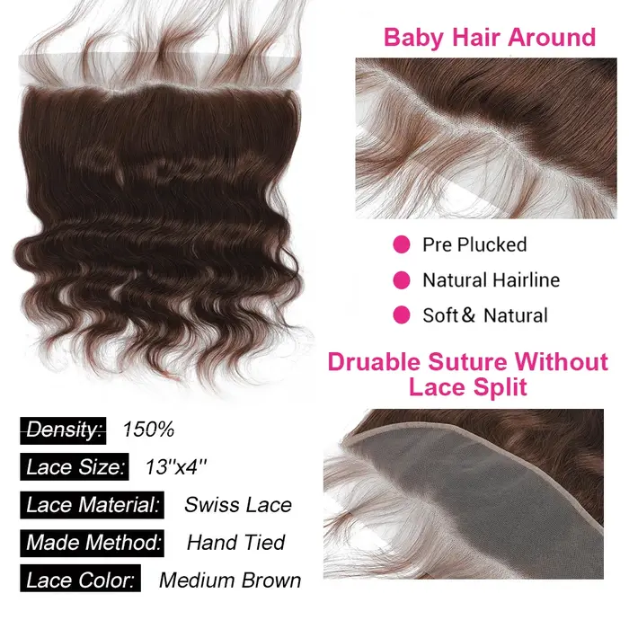 Tissage en Lot Naturel Body Wave Brun Foncé avec Closure, Extensions de Cheveux, 13x4, #4